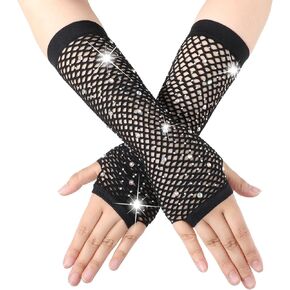 Long Rhinestone Fingerless Fishnet Gloves, Long Rhinestone Fish Net Arm Sleeve Sparkly Glitter Fashion Neon Fingerless Fishnet Gloves Emo Goth Punk 80s Party Cosplay Costume Accessories (Black)