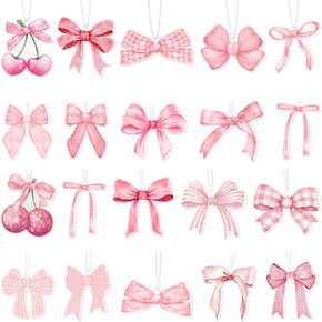 20 Pcs Coquette Bow Car Air Freshener Pink Bow Shape Coquette Aesthetic Hanging Car Diffuser Ornaments Pink Bow Car Rearview Mirror Pendant Odor Eliminating Air Freshener, Mixed Scents