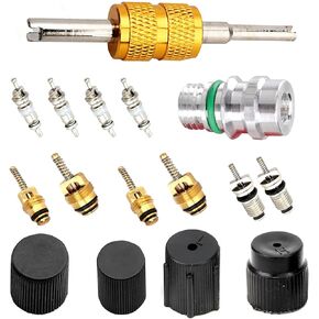 Air Conditioning Valve Core Kit, AC High & Low Pressure Port Caps, R12 R134a AC Refrigeration Valve Stem Cores, Automobile Air Conditioning System Repair Kit Dual Head Valve Core Remover Tool