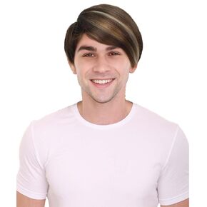 HPO Adult Men's Light Brown Dark Blonde Highlights Stefon Wig with Sideburns, Long Layered Side Part, Perfect for your next Halloween and Holiday Party!