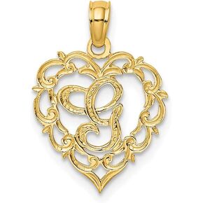 Solid 14k أصفر الذهب G رسالة أولية في Heart Alphabet Charm قلادة - 14 مم × 14 مم