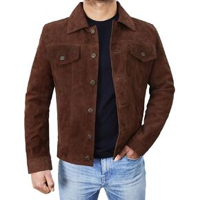 Mens Premium Brown Suede Leather Trucker Jacket - Vintage Classic Motorcycle Western Goat Leather Coat