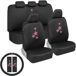 BDK Pink Flowers Car Seat Covers Full Set with Steering Wheel Cover and Seat Belt Pads – Front and Rear Covers with Matching Embroidered Accessories, Fits Most Cars Trucks Vans SUVs (SCPRINTS)