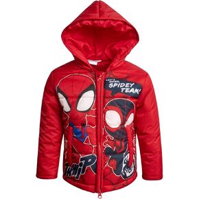 Marvel Boys' Puffer Jacket - Spiderman, Miles, and Spider Gwen Quilted Zip Up Insulated Hooded Winter Jacket for Boys (2T-7), Size 4T, Spidey and Miles Red