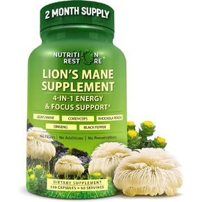 كبسولات مكملات Mane Mane العضوية - تحتوي على نسخ بيتا والسكريات التي تحدث بشكل طبيعي ، معززة بمزيج دعم الطاقة والتركيز العضوي: Cordyceps ، Rhodiola Rosea ، Ginseng ، 120 Count