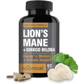 Lions Mane Supplement Organic Capsules - With Ginkgo Biloba - Cognitive Health, Focus & Memory Support - Natural Superfood for Brain, Energy & Immune Health - Non GMO- 60 Caps - 2 Month Supply
