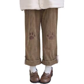 Cute Cat Paw Embroidery Japanese Style Lolita Loose Corduroy Wide Leg Pants Casual Trousers (Brown, Small)