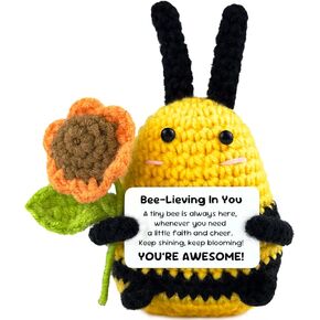 Emotional Support Bee, Positive Crochet Bee Doll with Card, Inspirational Small Handmade Knitted Animals Cute Stuff, Funny Gifts for Women Men Birthday Friends Coworkers, Christmas Office Decor