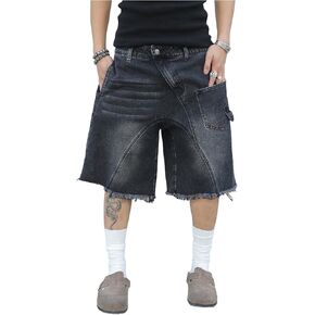 Men's Baggy Jean Raw Hem Bermuda Jean Short Vintage Loose Denim Shorts with Pockets