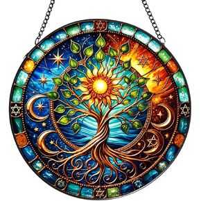 Tree of Life Stained Glass Window Hanging,7.87 Inch Sun Catcher Indoor Window Decorations Panel,Decor for Home,Garden,Festival,Mother’s Day,Housewarming Gift for Mom