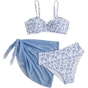 SHENHE Girl's Floral Swimsuits 3 Piece Bathing Suits O Ring Bikini Set with Sarong Coverups