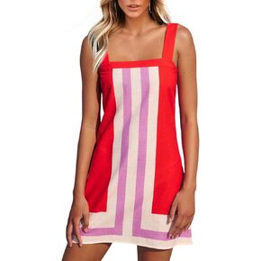 Ailoqing 2025 Women Boho Floral Mini Dress Summer Casual Color Block Beach Overall Striped Dress Coverups