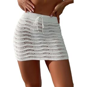 SHENHE Women's Swimsuit Beach Skirt Hollow Out Drawstring Tie Front Crochet Bikini Cover Up Skirt Sarong