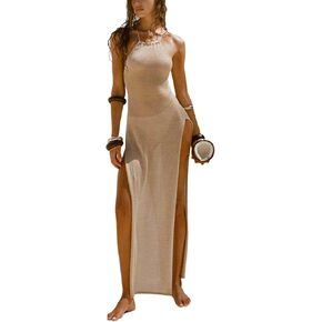 Women's Swimwear Cover Ups Crochet Knitted Backless High Slit Beach Maxi Dress Coverups