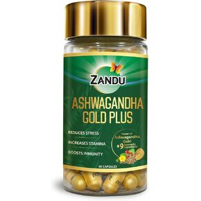 Zandu Ashwagandha Gold Plus, Made with Gold, Ashwagandha, Safed Musli, Shilajit & Other Ayurvedic Ingredients, Helps to Boost Stamina, Strengthens Immunity, 60 Caps