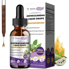 Liposomal Ashwagandha Liquid Drops, Ultra Strength Ashwa Root Extract Supplement with Shilajit, Ginseng, Magnesium, Soursop, L-Theanine, 60ml