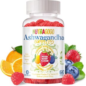 Ashwagandha Gummies & Vitamin D3 Gummies 60 Count-ملحق Aswangdha العضوي لتحسين النوم وتخفيف الإجهاد والهدوء المزاجي (التوت المختلط ، نباتي ، مصنع ، خالي من الغلوتين وخالي من الجيلاتين) -1pack