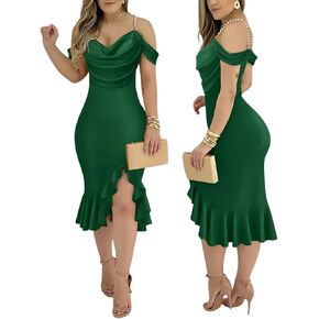 CHICME Womens Sexy Bodycon Party Dress Off The Shoulder Pearls Strap Midi Dress Ruffle Hem Cocktail Dresses