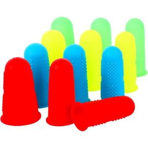 12 PCS Rubber Finger Tips Office, 3 Sizes Silicone Finger Protectors Covers Thumb Guard Sleeves Finger Thimbles Cots for Hand Sewing Hot Melt Glue Embroidery Cutting Ironing (Yellow Red Blue Green)