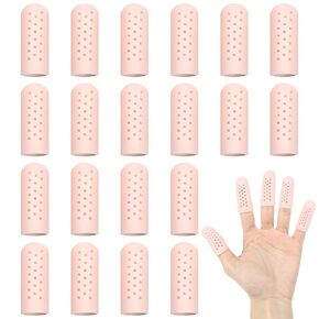20 Pack Gel Finger Cots Silicone Fingertip Protectors Breathable Finger Sleeves Reusable Thumb Caps Air Holes Skin Color Finger Covers Gloves for Relief Cuts Cracking Blisters Wound Calluses