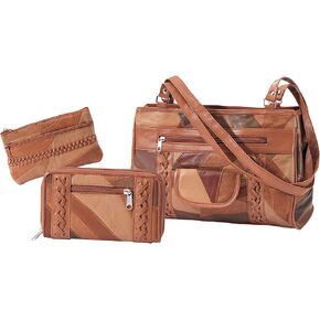 Leather 3-Piece Bag Set for Women, Brown Handbag, Wallet, and Matching Coin Purse, Ladies Patchwork Leather Shoulder Bag