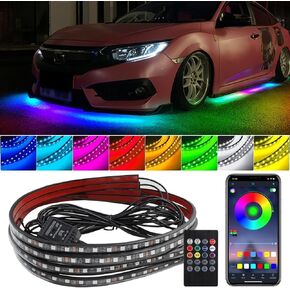 4PCS Underglow Car Lights Kit, Waterproof RGB Car Led Interior Strip Lights with Music Mode, Exterior Ambient Lighting Car Support Bluetooth App & Remote Control DC 12V 47Inch x2 & 35Inch x2