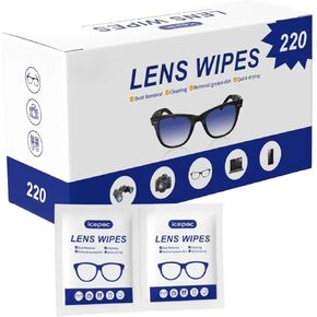 Eyeglass Cleaner Wipes, Sunglasses, Screens - Gentle and Portable for On-the-Go Cleaning of Devices, Lens Wipes for Eyeglasses, Wet Lens, Camera Lenses, Laptops, Etc. Individually Packaged（220 PCS）
