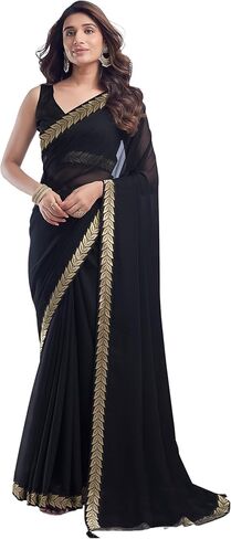 Women's Georgette Lace Boarder Saree With Unstitched Blouse Piece (3736S2634_Black) in Kuwait