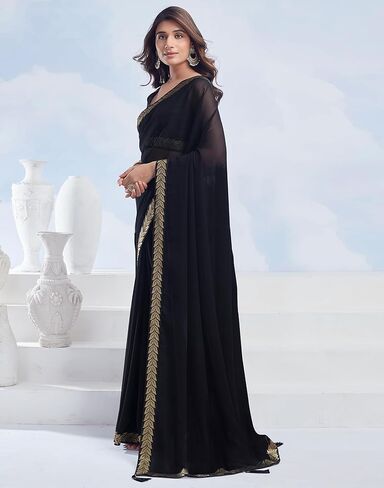 Women's Georgette Lace Boarder Saree With Unstitched Blouse Piece (3736S2634_Black) in Kuwait