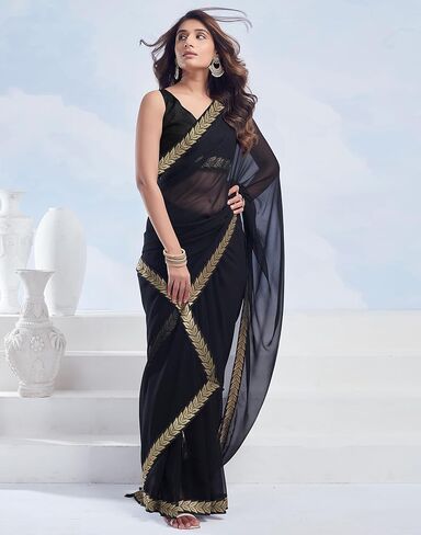 Women's Georgette Lace Boarder Saree With Unstitched Blouse Piece (3736S2634_Black) in Kuwait