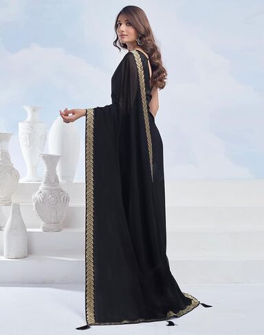 Women's Georgette Lace Boarder Saree With Unstitched Blouse Piece (3736S2634_Black) in Kuwait