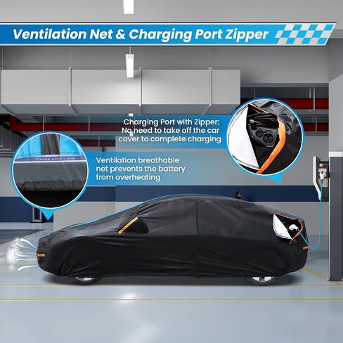 Car Cover Custom Fit for Tesla Model 3 2019-2024 Waterproof All Weather Rain Snowproof UV Protection Windproof with Charging Port, Ventilated Mesh, Zipper Door, Reflective Strip, Storage Bag in Kuwait