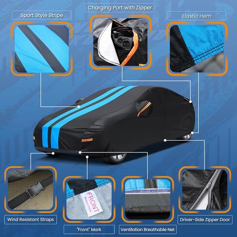 Car Cover Custom Fit for Tesla Model 3 2019-2024 Waterproof All Weather Rain Snowproof UV Protection Windproof with Charging Port, Ventilated Mesh, Zipper Door, Reflective Strip, Storage Bag in Kuwait