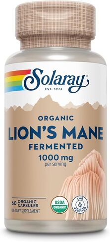 SOLARAY Organic Lions Mane Supplement Capsules - Providing 1000 mg of Lion's Mane Organic Mushrooms, Fermented for Enhanced Absorption - Vegan, 60-Day Guarantee, Lab Verified, 30 Servings, 60 VegCaps in Saudi Arabia