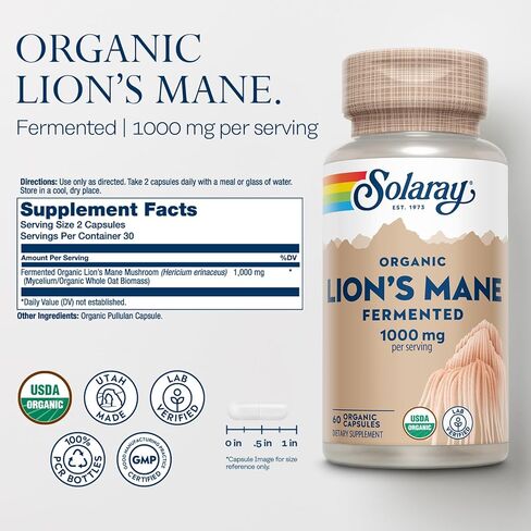 SOLARAY Organic Lions Mane Supplement Capsules - Providing 1000 mg of Lion's Mane Organic Mushrooms, Fermented for Enhanced Absorption - Vegan, 60-Day Guarantee, Lab Verified, 30 Servings, 60 VegCaps in Saudi Arabia