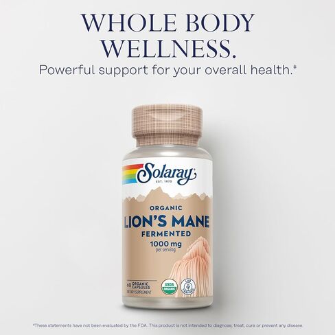 SOLARAY Organic Lions Mane Supplement Capsules - Providing 1000 mg of Lion's Mane Organic Mushrooms, Fermented for Enhanced Absorption - Vegan, 60-Day Guarantee, Lab Verified, 30 Servings, 60 VegCaps in Saudi Arabia