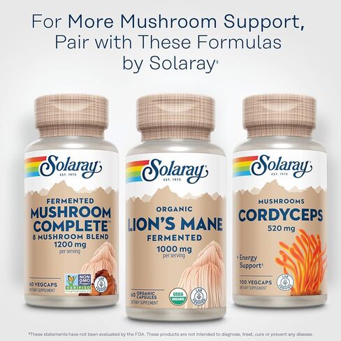 SOLARAY Organic Lions Mane Supplement Capsules - Providing 1000 mg of Lion's Mane Organic Mushrooms, Fermented for Enhanced Absorption - Vegan, 60-Day Guarantee, Lab Verified, 30 Servings, 60 VegCaps in Saudi Arabia