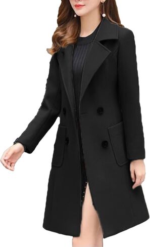 SEMATOMALA Women's Notch Lapel Collar Slim Fit A Line Wool Blend Long Coat Double Breasted Mid Long Pea Coat in Saudi Arabia