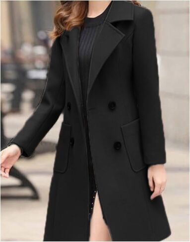 SEMATOMALA Women's Notch Lapel Collar Slim Fit A Line Wool Blend Long Coat Double Breasted Mid Long Pea Coat in Saudi Arabia