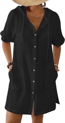 Bsubseach Womens Swimsuit Cover Up Shirt Button Down Short Sleeve Bathingsuit Coverups Hooded Beach Coverup With Pockets in Saudi Arabia