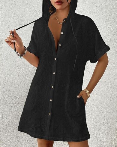 Bsubseach Womens Swimsuit Cover Up Shirt Button Down Short Sleeve Bathingsuit Coverups Hooded Beach Coverup With Pockets in Saudi Arabia