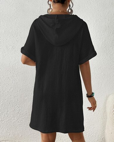 Bsubseach Womens Swimsuit Cover Up Shirt Button Down Short Sleeve Bathingsuit Coverups Hooded Beach Coverup With Pockets in Saudi Arabia