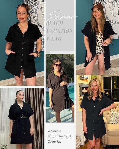 Bsubseach Womens Swimsuit Cover Up Shirt Button Down Short Sleeve Bathingsuit Coverups Hooded Beach Coverup With Pockets in Saudi Arabia