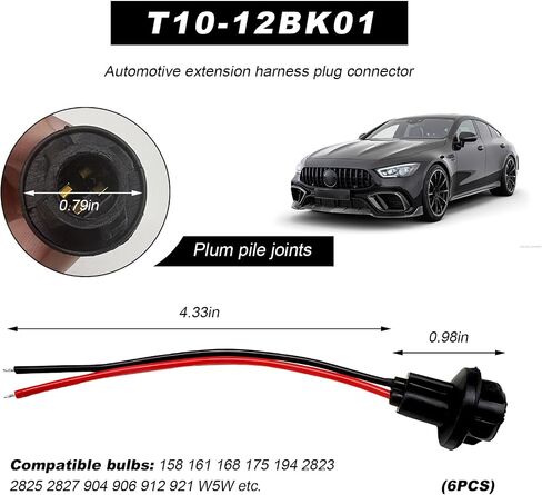 6PCS T10 Extension Harness Plug Connector, Car Instrument 194 Bulb Socket Base with 4.33" Wire Harness, Tail Light Socket Pre-Wired Rubber Lamp Holder for 168 175 194 W5W Bulb in Saudi Arabia
