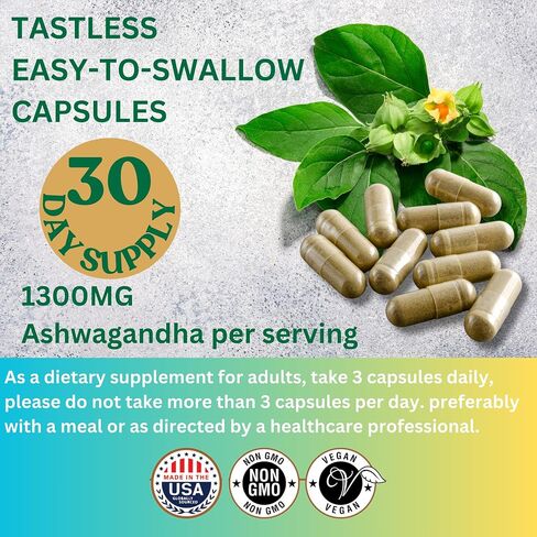 Ashwagandha Root Powder Capsules 1300mg, Ashwagandha Capsule Metabolism Support, Immune & Mood Support, Ashwamag GMO Free Energy Support & Sleep Support 90 Capsules in Saudi Arabia
