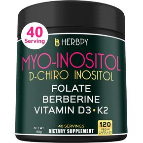 6in1 Premium 40: 1 ملحق Myo-Inositol & D-Chiro inositol للنساء اللواتي يعانين من حمض الفوليك ، والبربرين HCl 97 ٪ ، وفيتامين D3 و K2- التوازن الهرموني ودعم صحة المبيض- 120 كبسولات نباتية