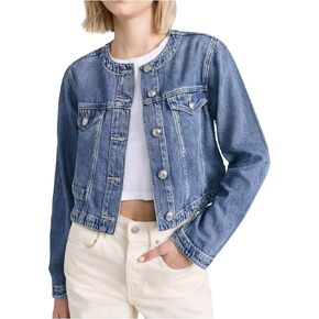 Women's Collarless Cropped Denim Jacket Button Down Long Sleeve Slim Fit Jean Jackets