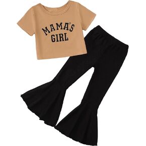 Kids Toddler Girl Summer Clothes Sets - Short Sleeve Letter Print Top & Flared Leg Pants 2Pcs Outfits 3T-7T