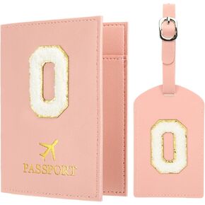 PATIKIL Passport Holder for Travel, Initial Passport Cover and Luggage Tag Set with Alphabet Chenille Letter Patch Travel Wallet Bag Suitcase Identifier for Women Family Travel Pink O