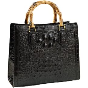 Crocodile Pattern Leather Women's Bag Bamboo Top-Handle Satchel Handbags Portable Tote Bag Shoulder Messenger Bags (Black)